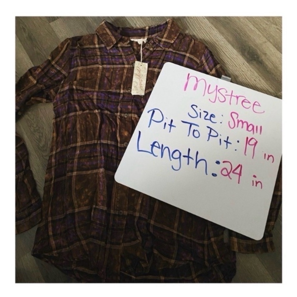 MYSTREE Boutique Brown Plaid Washed Flannel Top - Picture 9 of 10